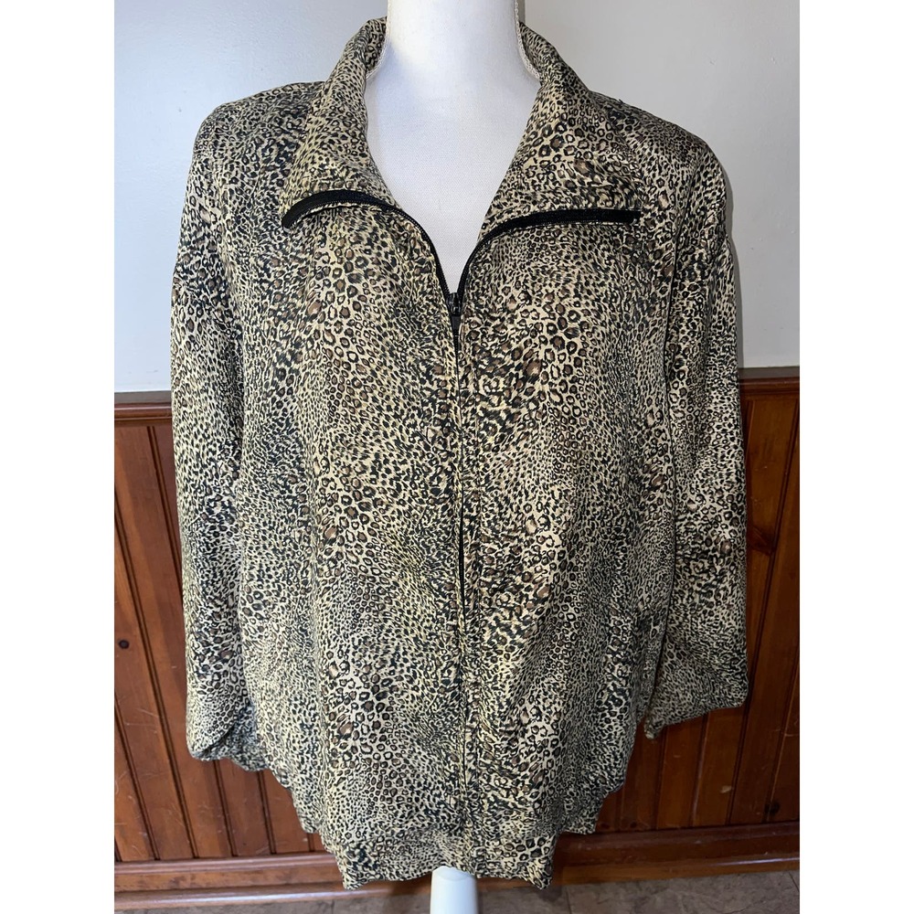 Womens Vintage Rhoda Lynne Silk Leopard Print Bomber Jacket Size‎ L